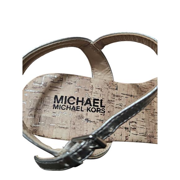 MICHAEL KORS Cate Beth MK logo Women's Size 5 Leather Cork Wedge Heel Sandals - Picture 2 of 4